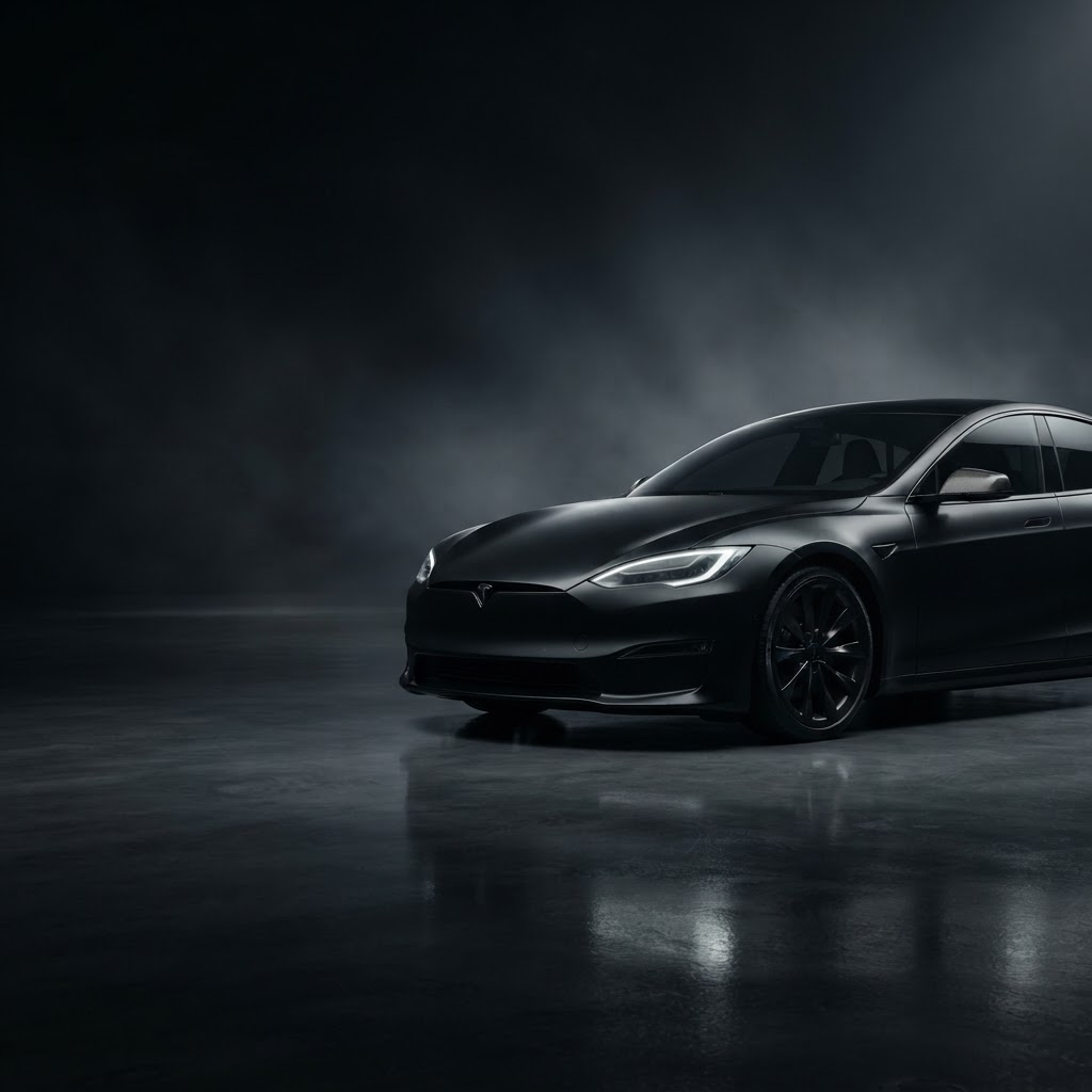 A matte black Tesla Model S in a dramatically lit studio