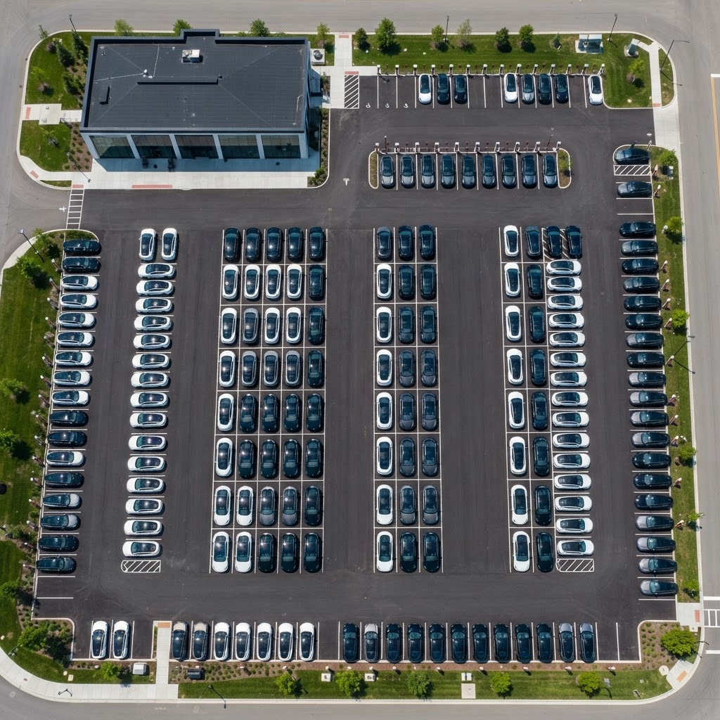 Aerial view of Tesla inventory lot
